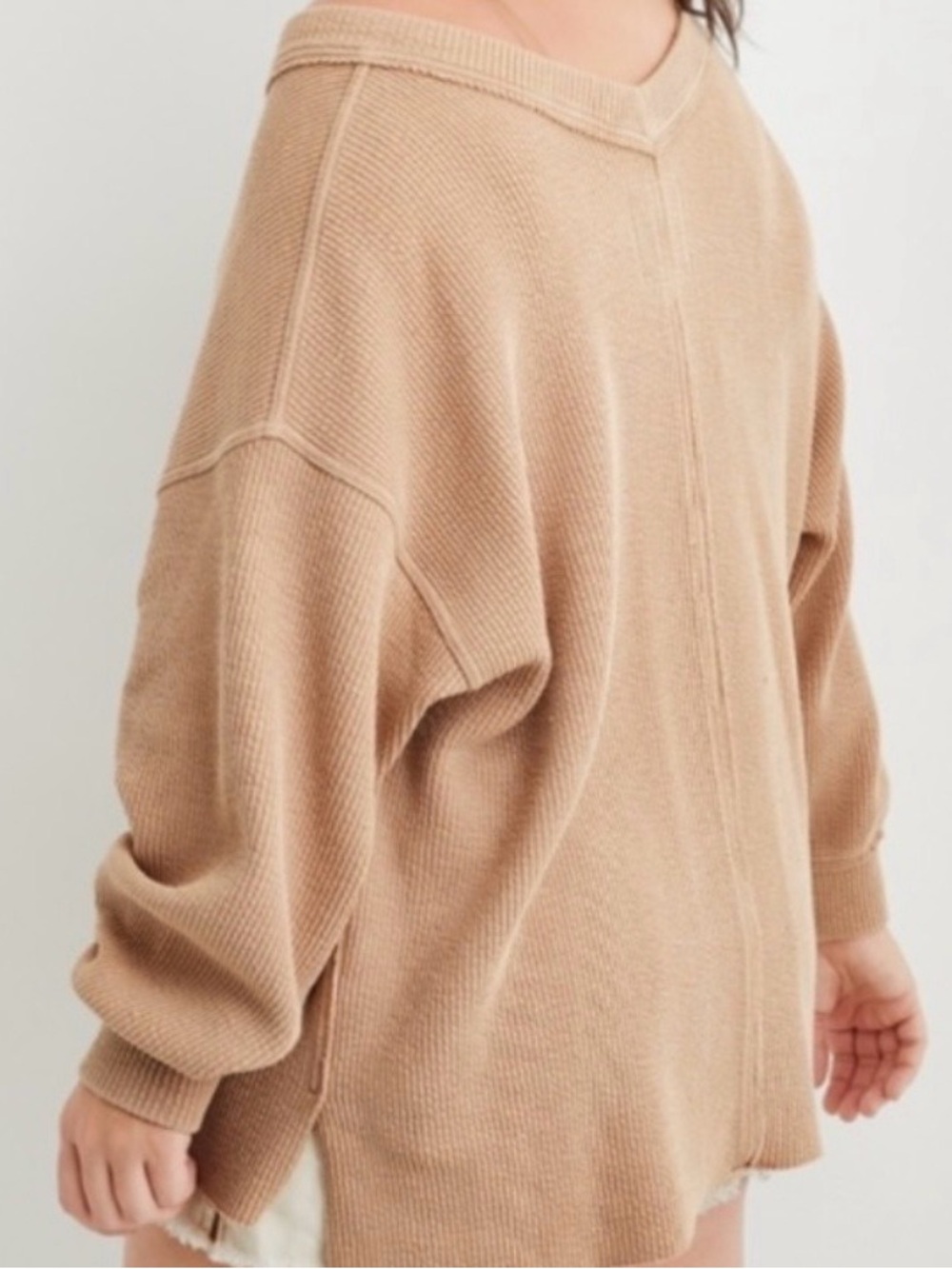 Relaxed V-Neck Women's Sweater in Camel